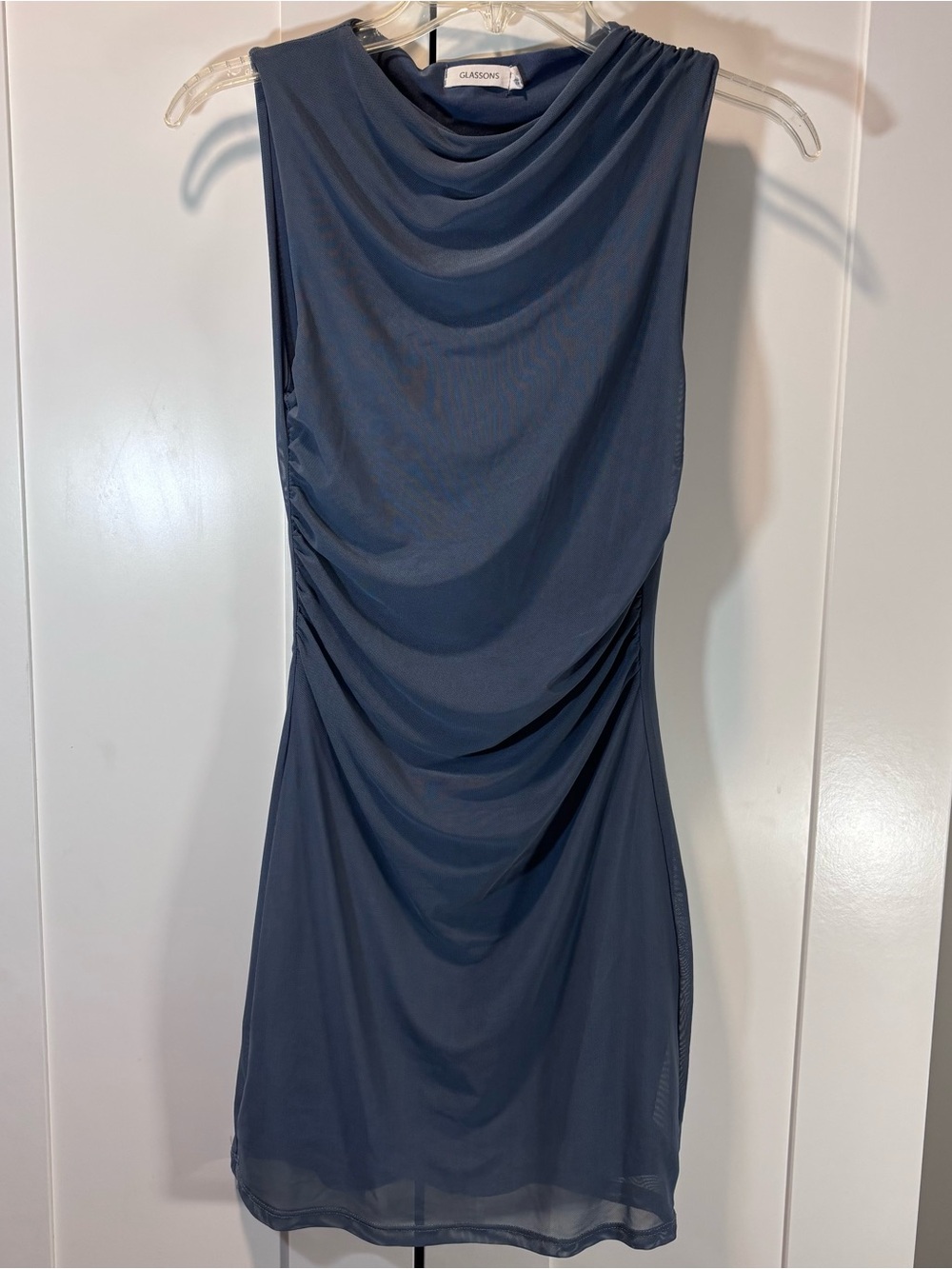 Glassons Draped Mesh Mini Dress Slate Blue Ruched Cowl Neck Bodycon Y2K Womens M